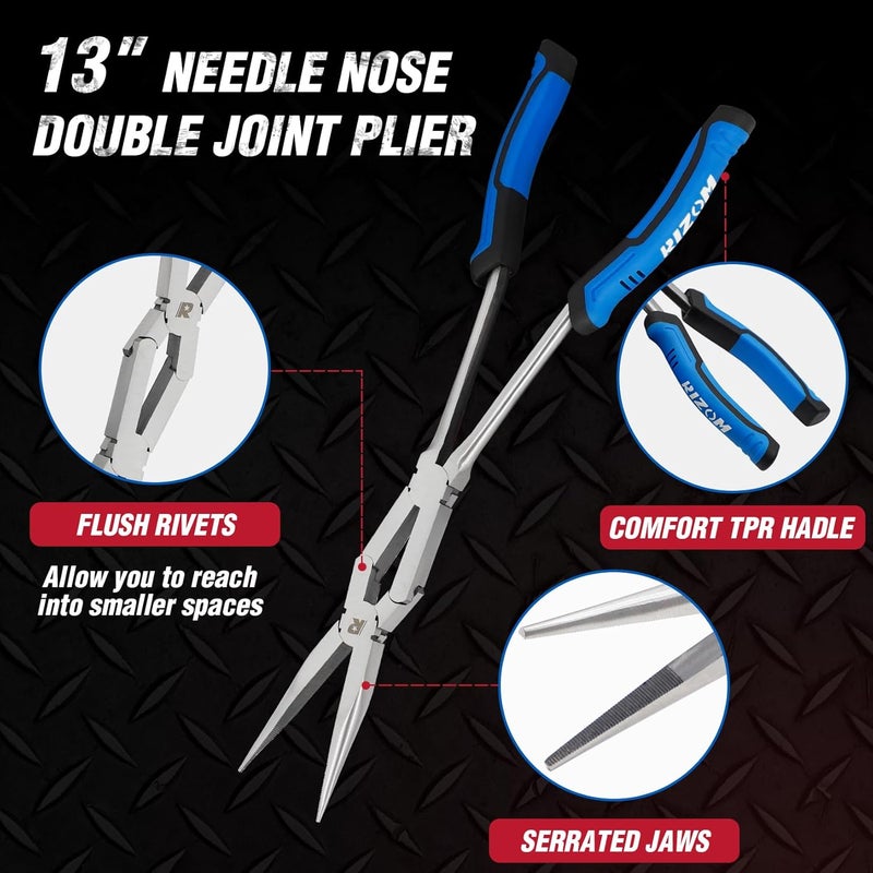 Rizom 3-Piece Long Reach Pliers Set, 13 Inch Double Jointed Long Needle Nose Pliers, 11 Inch 45° & 90° Bent Nose Pliers for Narrow Spaces and Limited Areas - Image 2